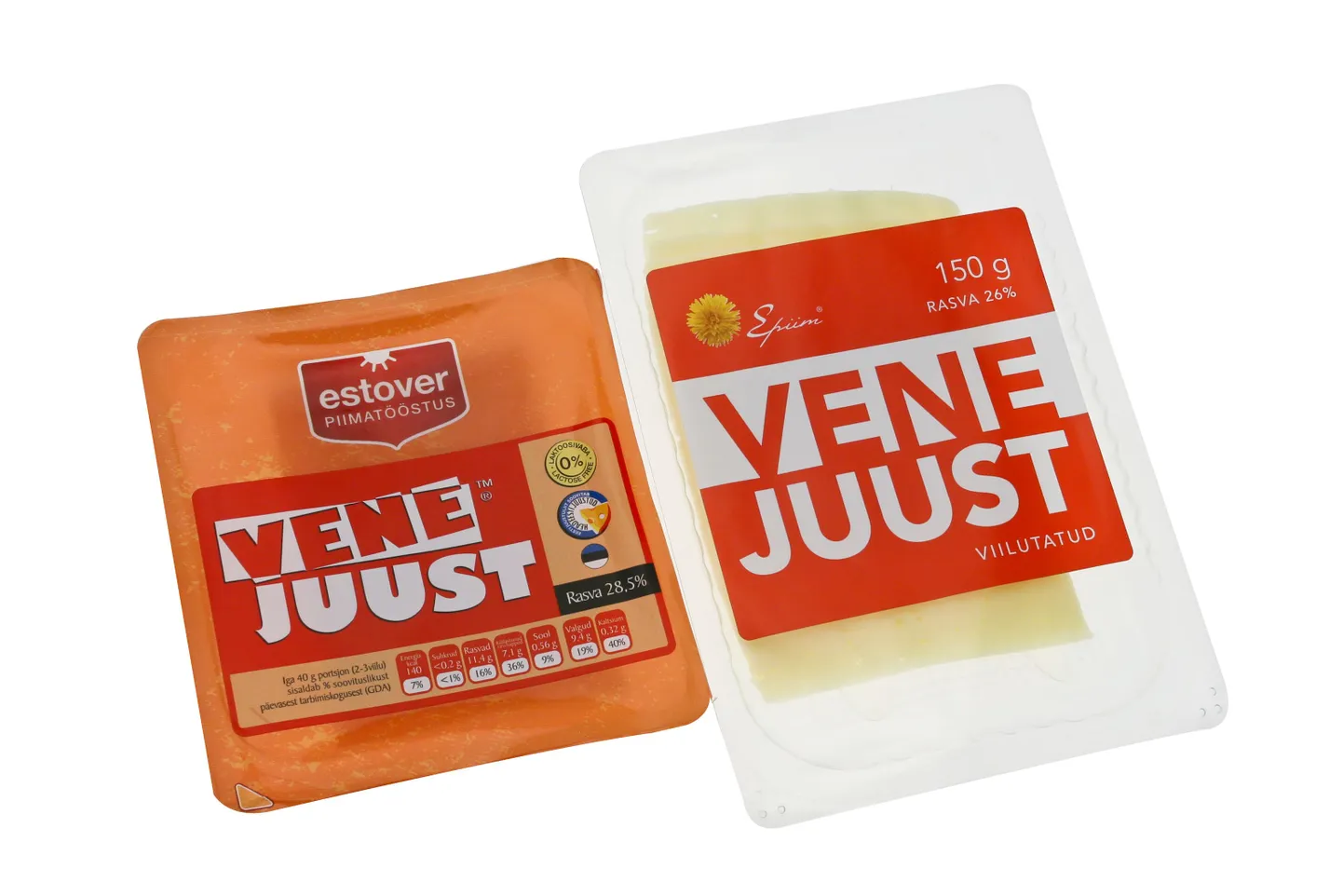 Estoveri (vasakul) ja E-Piima Vene juustu pakendid
