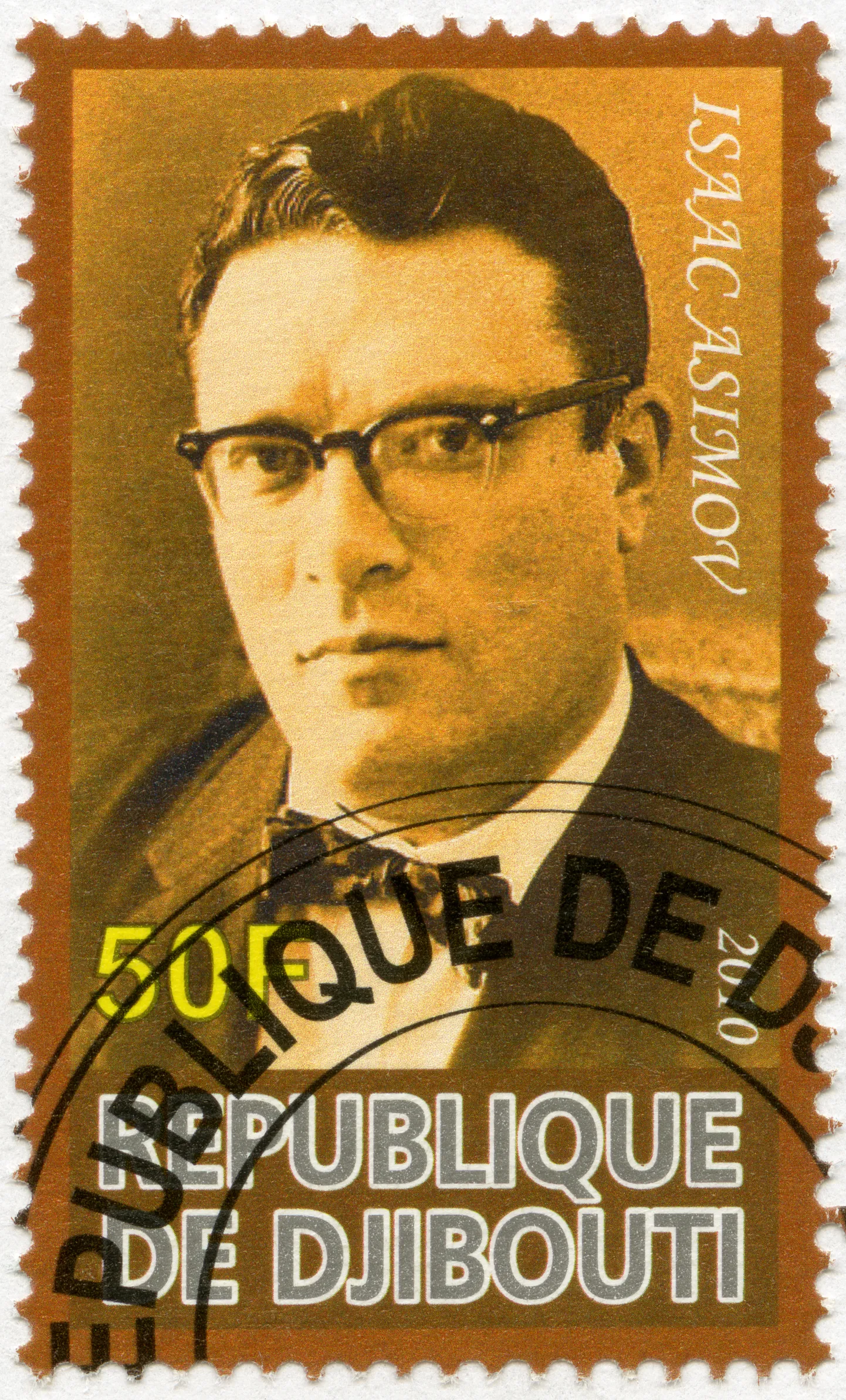 Djibouti mark, millel on Isaac Asimovi pilt.