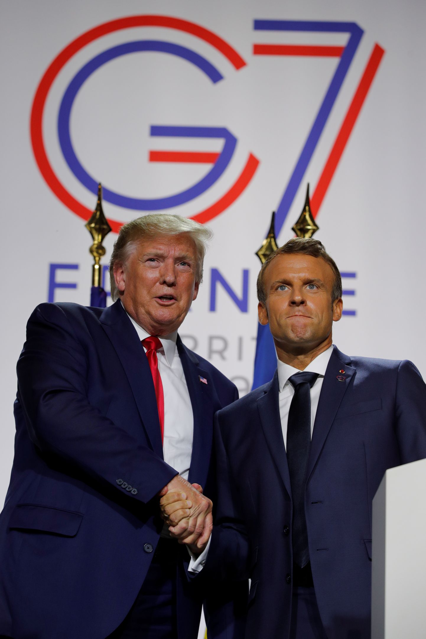 USA president Donald Trump ja Prantsuse president Emmanuel Macron esmaspäeval Prantsusmaal Biarritzis G7 tippkohtumisel ühisel pressikonverentsil.