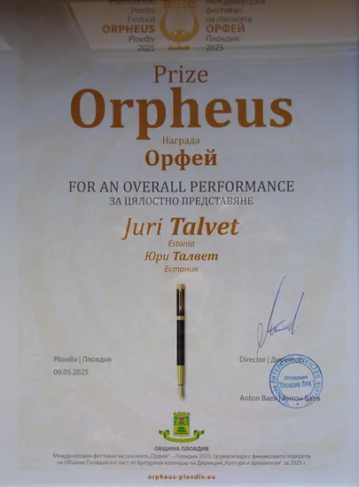 Tunnustus Jüri Talvetile Plovdivist.