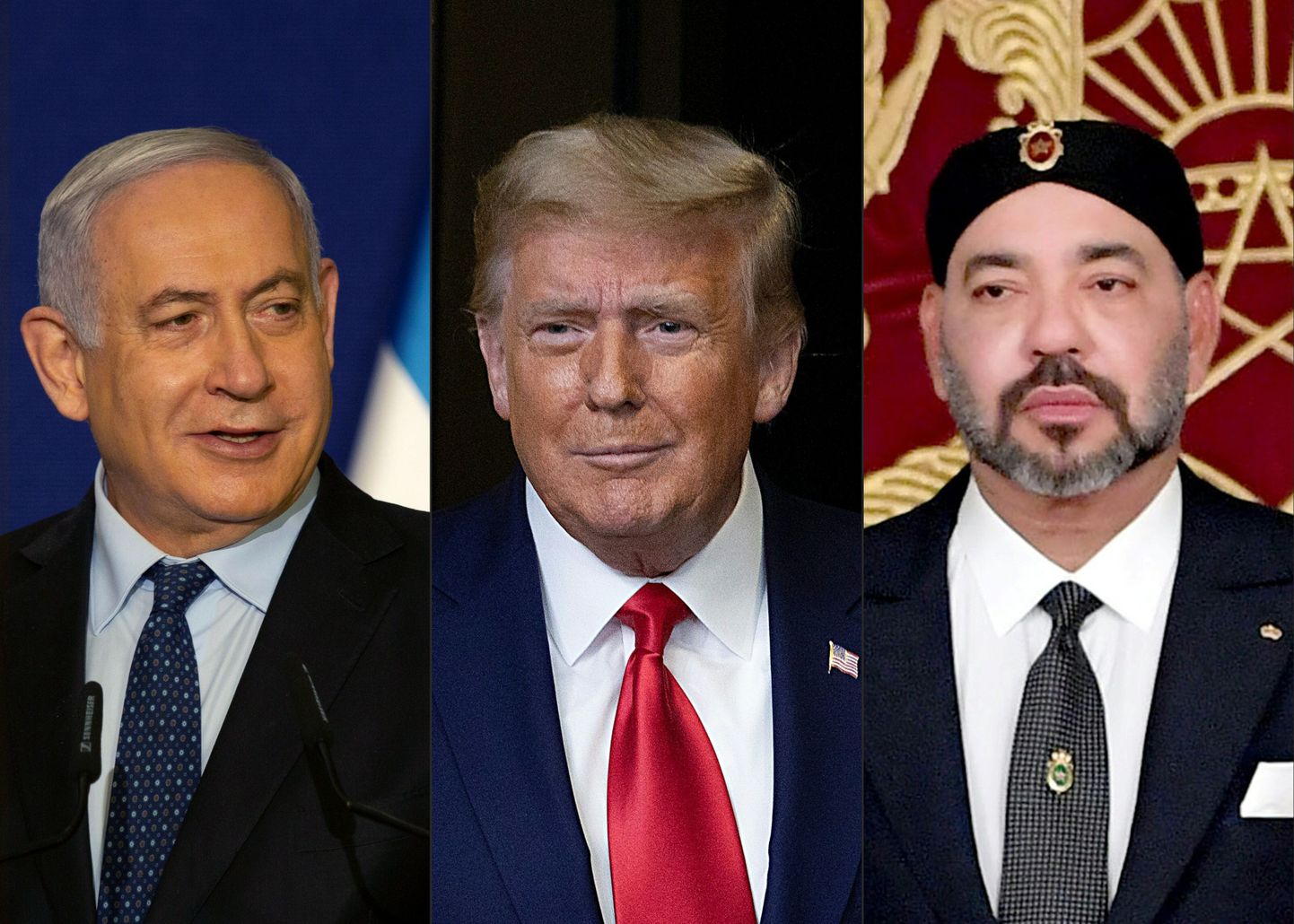 Vasakult Iisraeli peaminister Benjamin Netanyahu, USA president Donald Trump ja Maroko kuningas Mohammed VI.