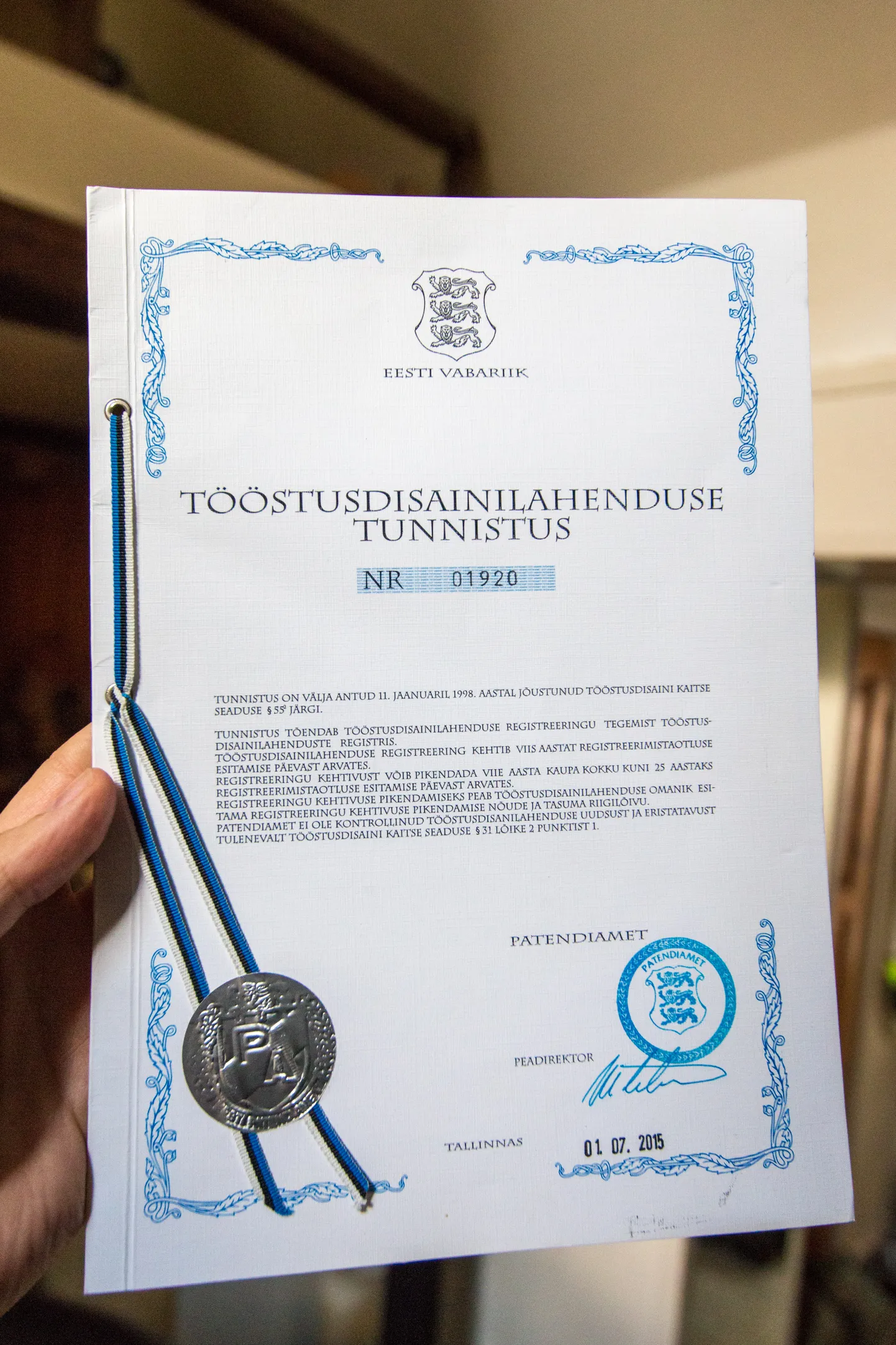 Patendiameti tööstusdisainilahenduse tunnistus.