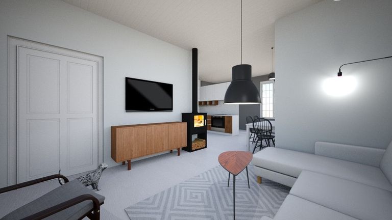 Tulevikus: vaade elutoast köögi ja söögitoa suunas. 3D joonis on tehtud RoomStyler tarkvara abil.