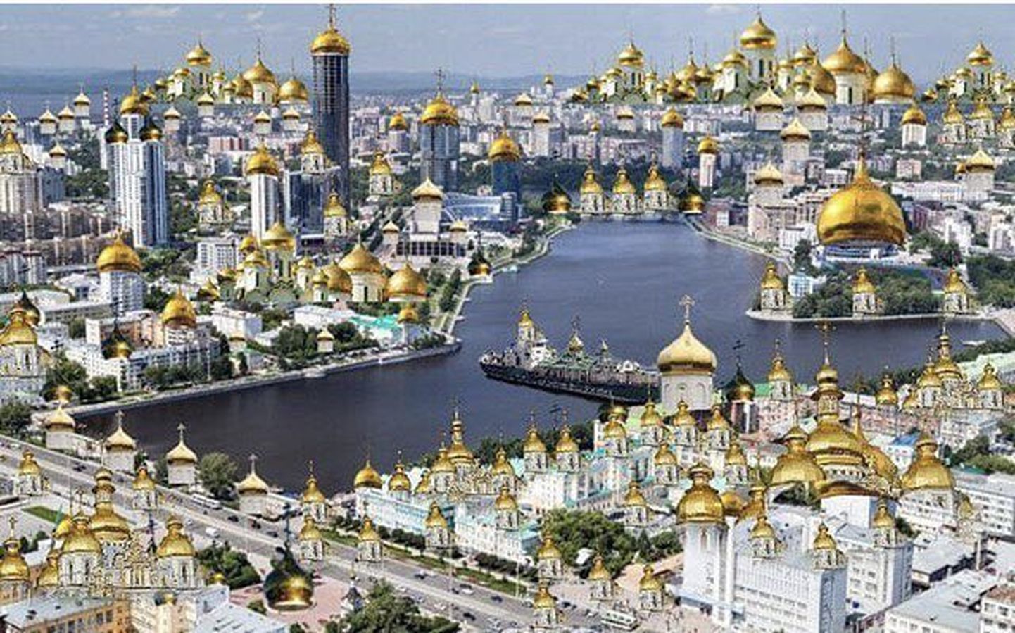 Üks sotsiaalmeedia naljaportaal ennustab, et Jekaterinburg on 2030. aastaks täielikult kaetud õigeusu kirikutega. Pilt tugineb Vene õigeusu kiriku patriarhi Kirilli sõnadele, mille kohaselt avatakse iga päev kolm uut kirikut.