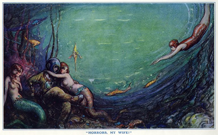 «О ужас, моя жена!» - водолаз, которого охмурили русалки, сейчас будет спасен бдительной супругой, оказавшейся неплохим дайвером. Журнальная карикатура 1928 года.