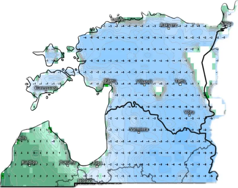 ECMWF-mudeli modelleeritud prognoositav maapinna temperatuur annab aimu, kui suurel territooriumil on tugeva/väga tugeva öökülma oht.
