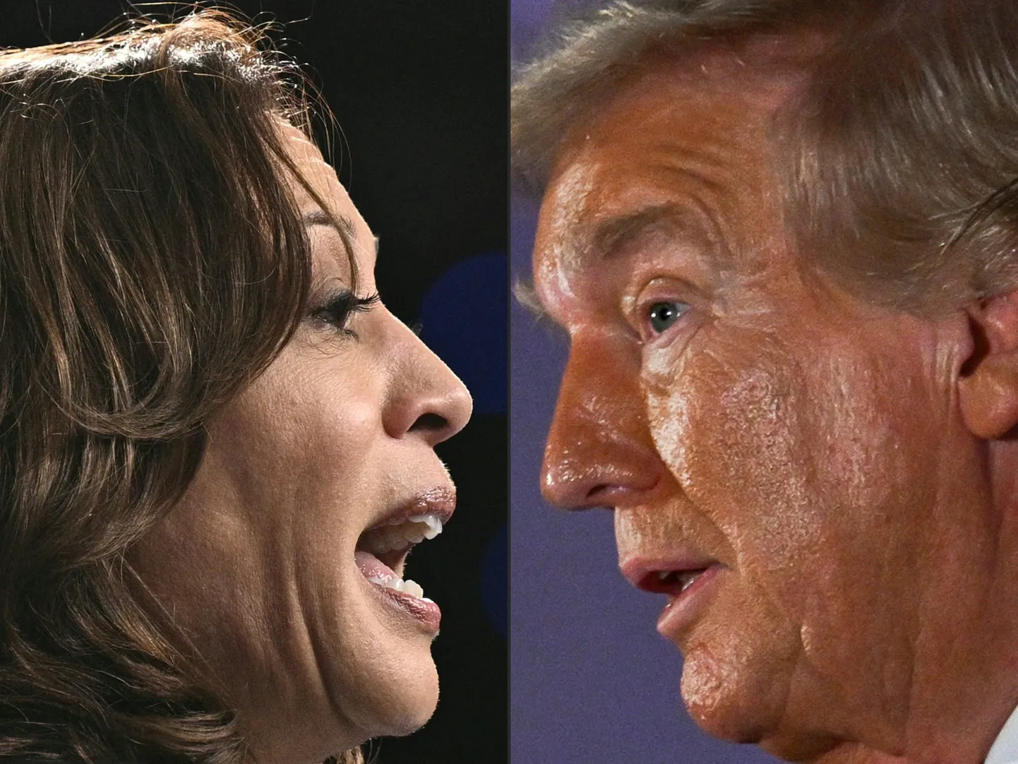 Kamala Harris ja Donald Trump, pildid kampaaniakoosolekutelt vastavalt 13. ja 7. oktoobril 2024.