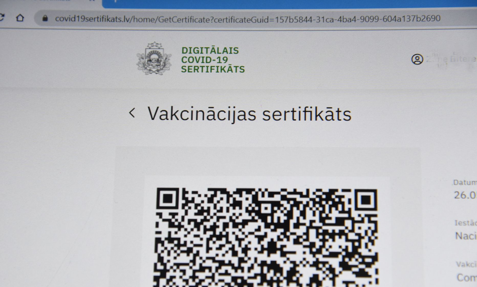 Nacionālā mēroga digitālais vakcinācijas pret Covid-19 sertifikāts.