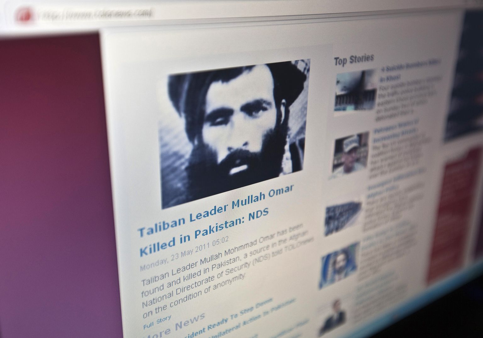 Uudistelehekülg Tolonews teatas 23. mail 2011, et Talibani liider mulla Mohammad Omar tapeti Pakistanis. Taliban eitas liidri surma ja teatas, et Omar on Afganistanis ja jätkab võitlust