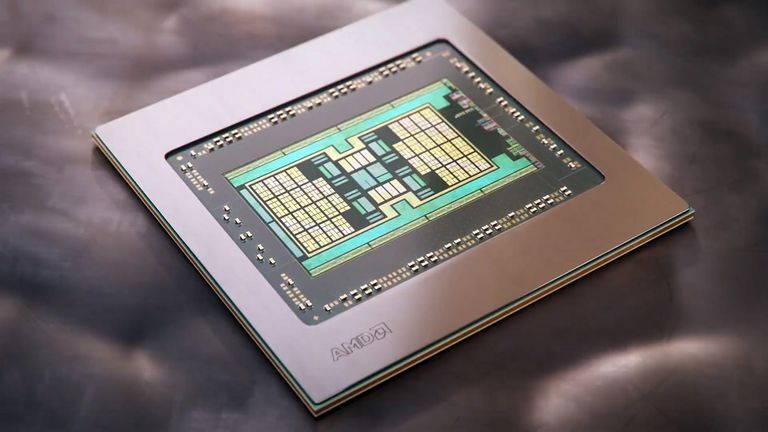 AMD Radeoni RDNA 2 kiip. Pikad rohelised jooned kiibi ülemises ja alumises otsas on Infinity Cache, mis ühendab kõiki kiibi osi. See põhineb AMD Ryzeni protsessorites kasutataval Game Cache'i ja Infinity Fabrici tehnoloogiatel.