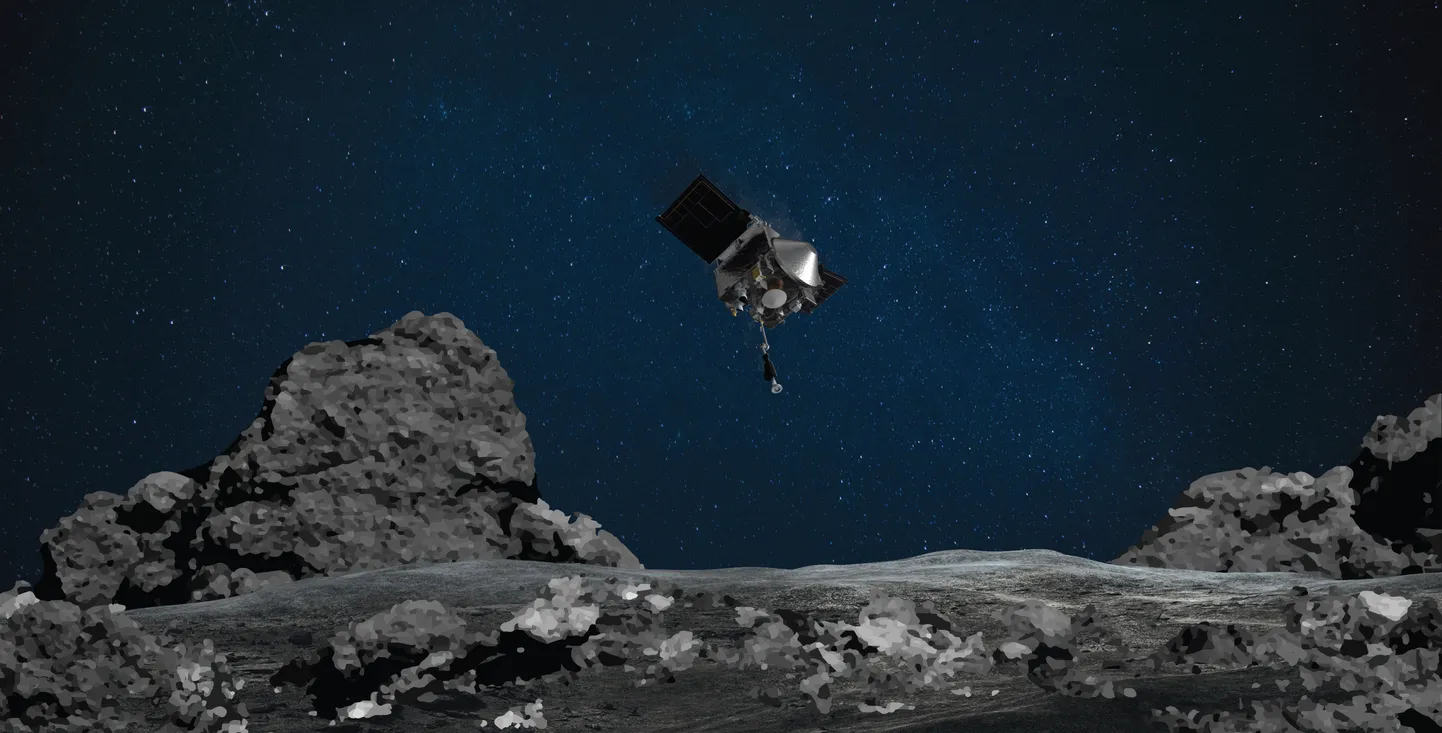 Kunstniku tõlgendus Osiris-Rexi proovivõtust asteroid Bennul.