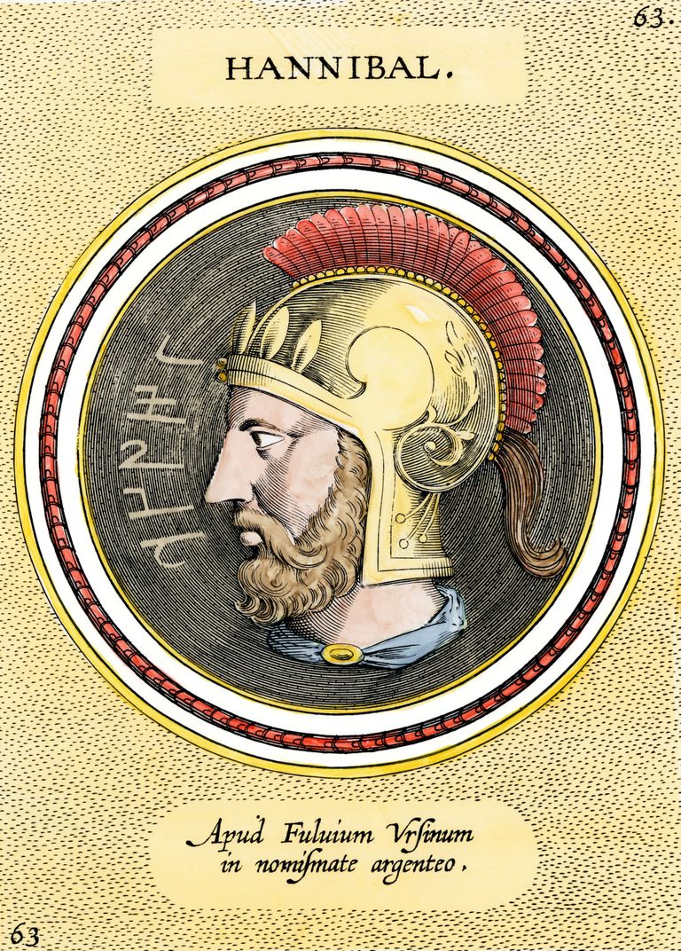 17. sajandi koloreeritud graveering, millel on kujtatud Kartaago väejuhti Hannibali.