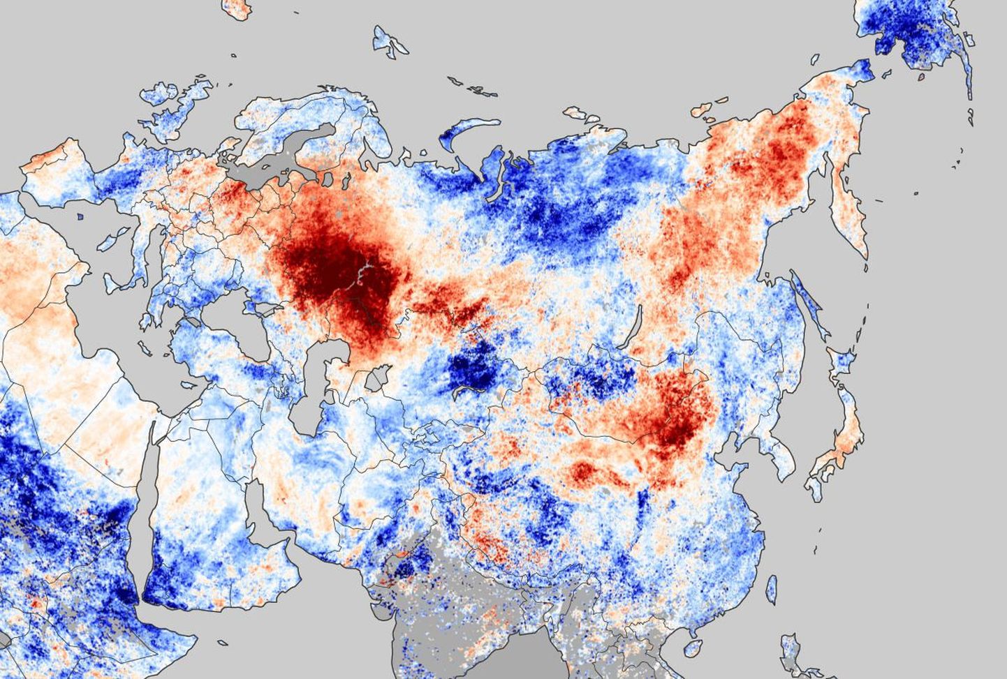 Метеокарта Евроазии с очагами жаркого воздуха на территории Росиии