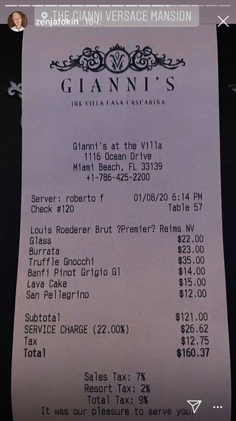 Счет из ресторана виллы Версаче.