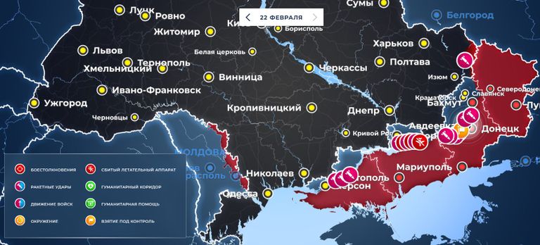 Карта оккупированных территорий Украины в российских пабликах, где территория непризнанной Приднестровской молдавской республики отмечена так же, как захваченные районы Донбасса и левого берега Днепра.