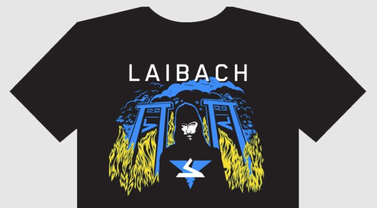 Официальная футболка Laibach выпущенная в 2014 году, где логотип с альбома группы SPECTRE, который вышел в том же году, вписан в гильотину цвета национального флага Украины.