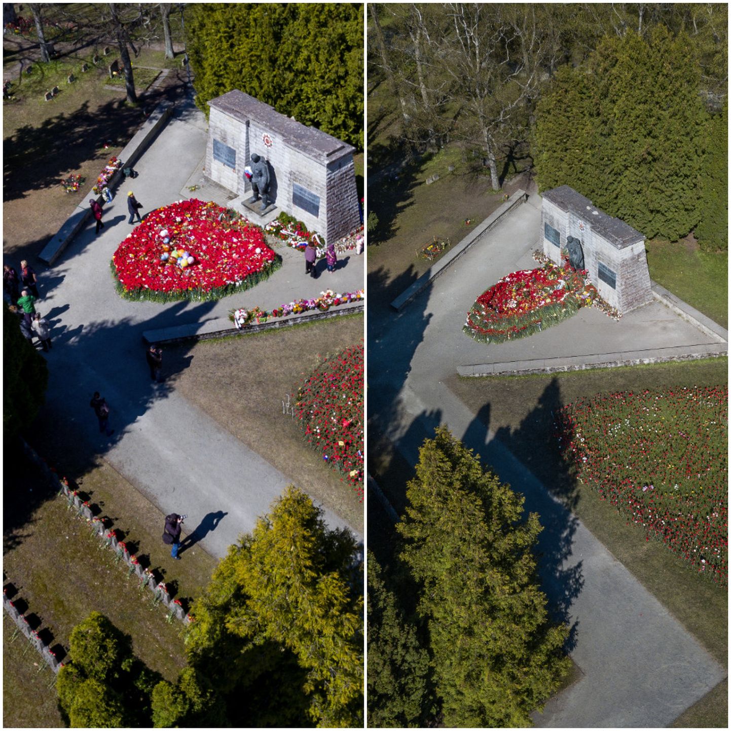 Lilled pronkssõduri juures 10. mai hommikul aastatel 2017 ja 2018.
