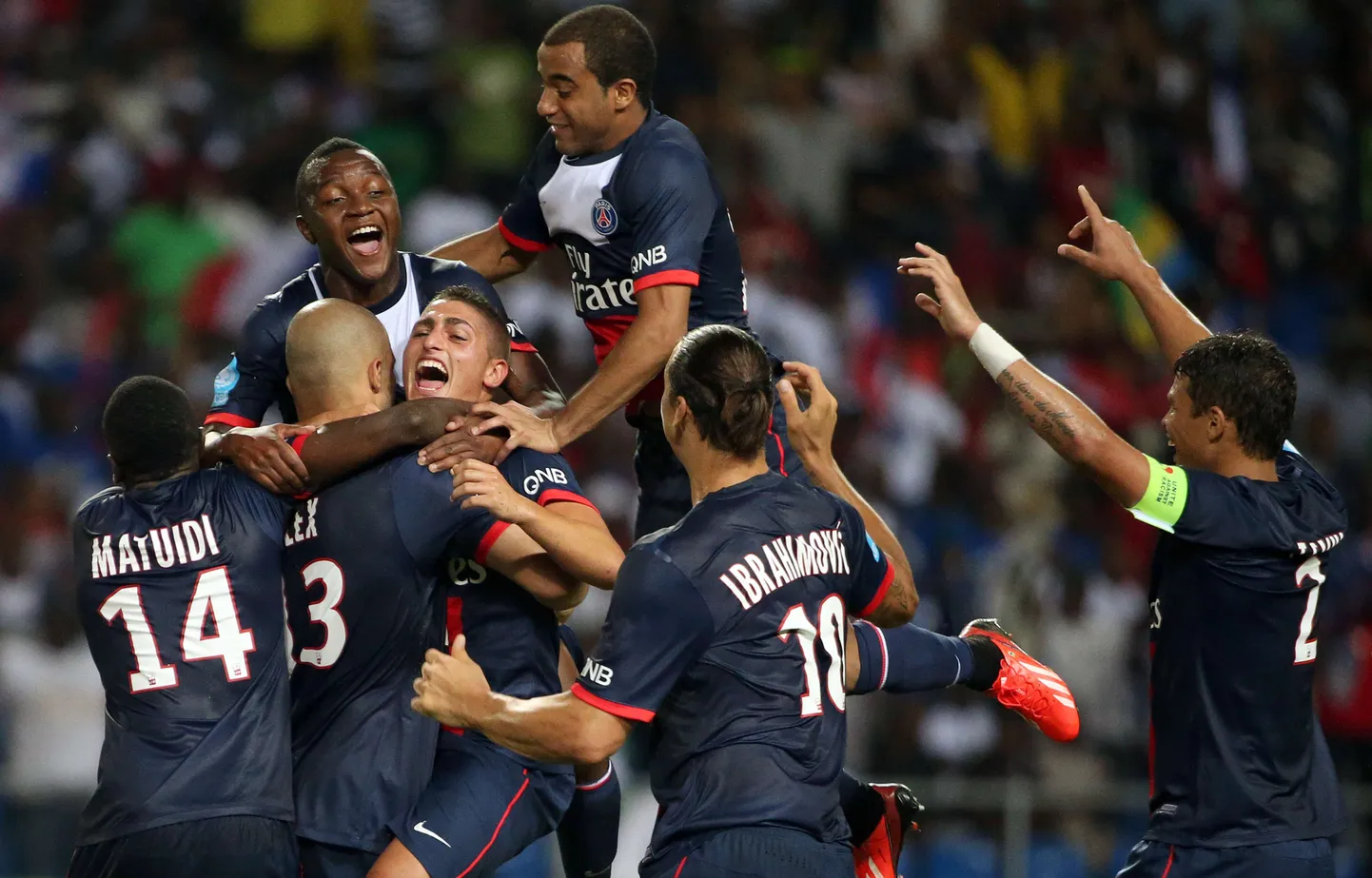 Pariisi Saint-Germaini meeskond Alex Costa värava üle rõõmustamas.