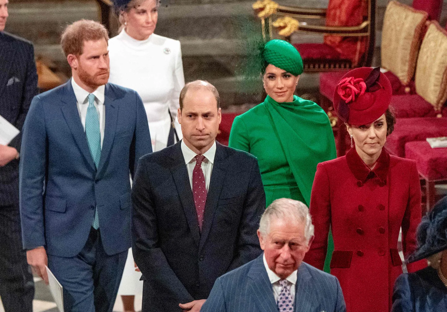 Prints Harry (taga vasakul) ja hertsoginna Meghan (taga paremal) lahkumas 9. märtsil Westminster Abbeyst. Nende ees on prints William (vasakul), hertsoginna Catherine (paremal) ja prints Charles