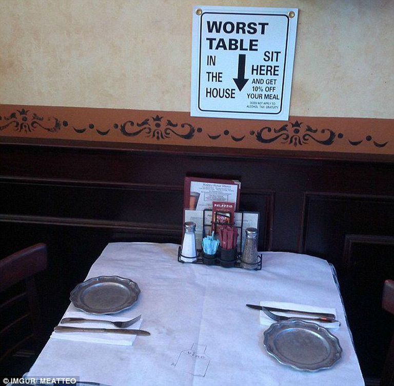 Selle restorani omanikud teavad oma nõrku ja tugevaid külgi: «See on kõige halvem laud siin majas. Istu siia ja saad oma toidult 10 protsenti soodustust.» Foto: Bored Panda / Daily Mail