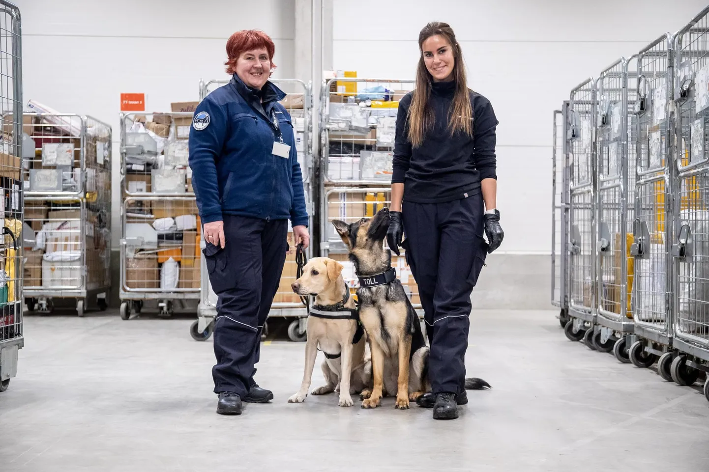 Tolliinspektorid-koerajuhid Bärbel Parm (vasakul) ja Triin Atla oma töökaaslaste, Morgani ja Sofiga Tallinna lähedal Omniva logistikakeskuses.