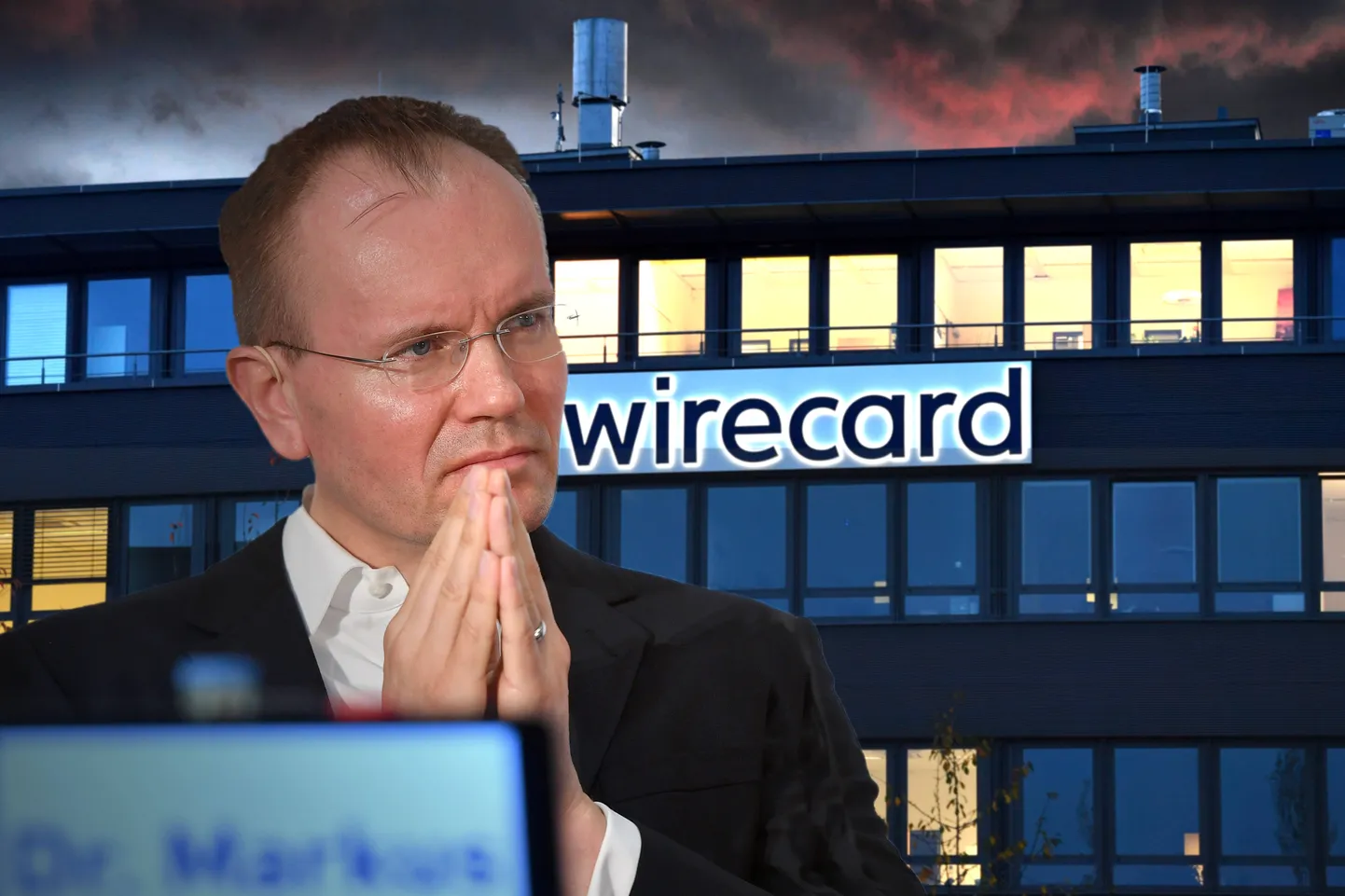 Fotomontaaž Markus Braunist Wirecardi peahoone taustal.