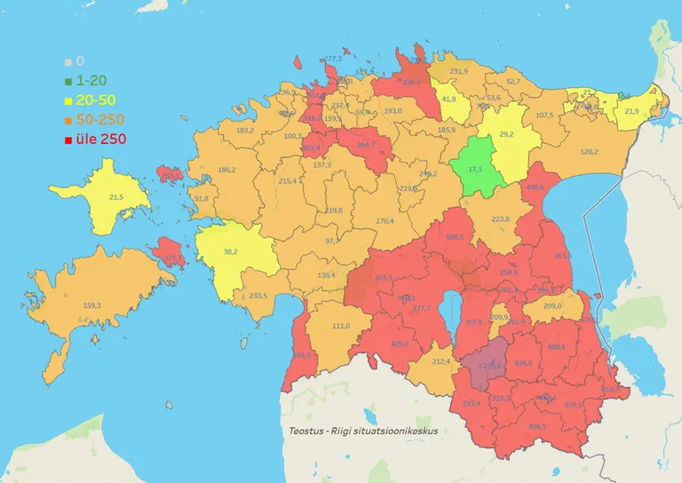 Kõige väiksem on nakatumine Pärnumaal Kihnus ja Läänerannas, suurim aga Häädemeeste vallas.