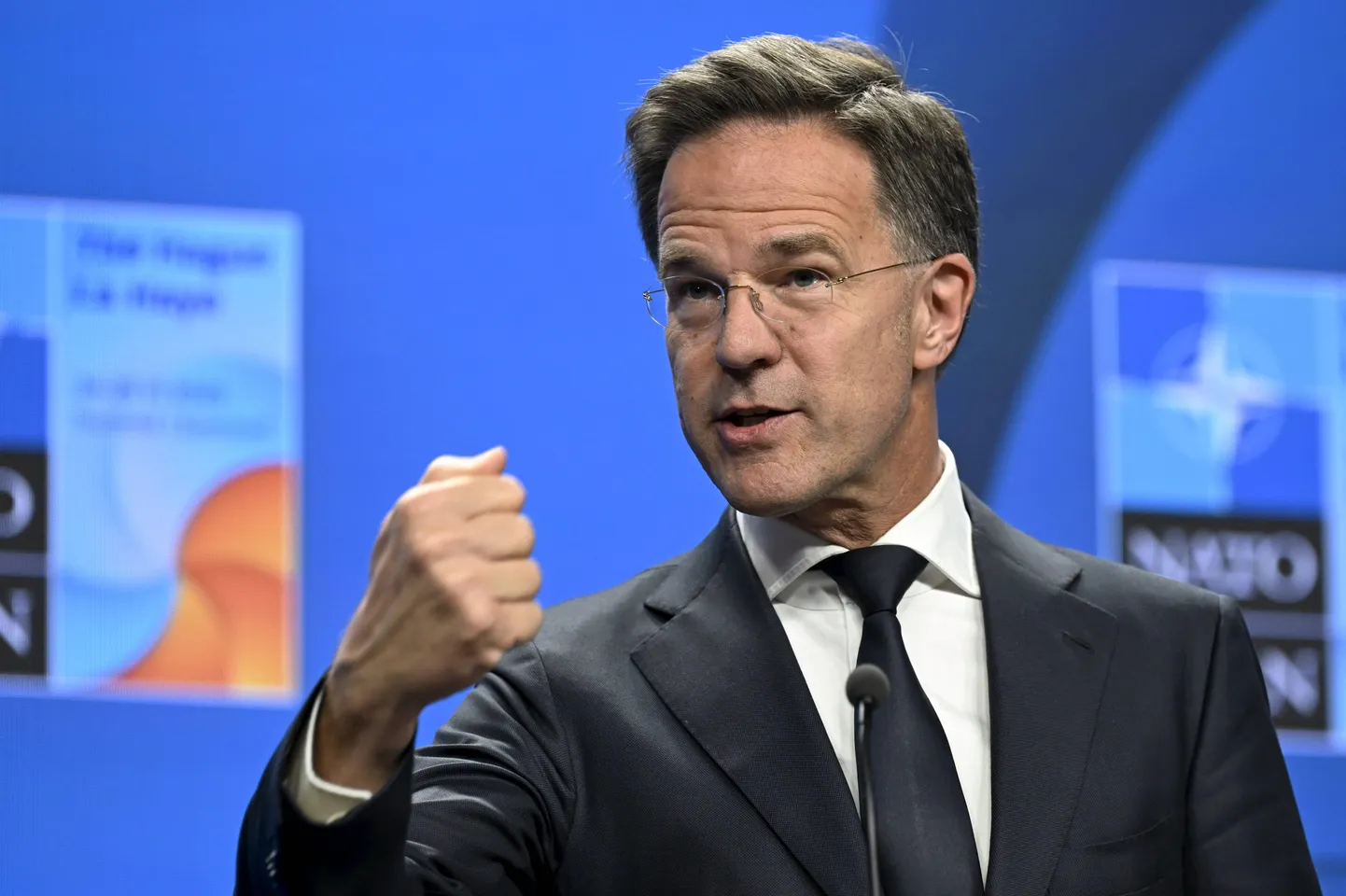 NATO ģenerālsekretārs Marks Rite preses konferencē Hāgā 2025. gada 23. jūnijā