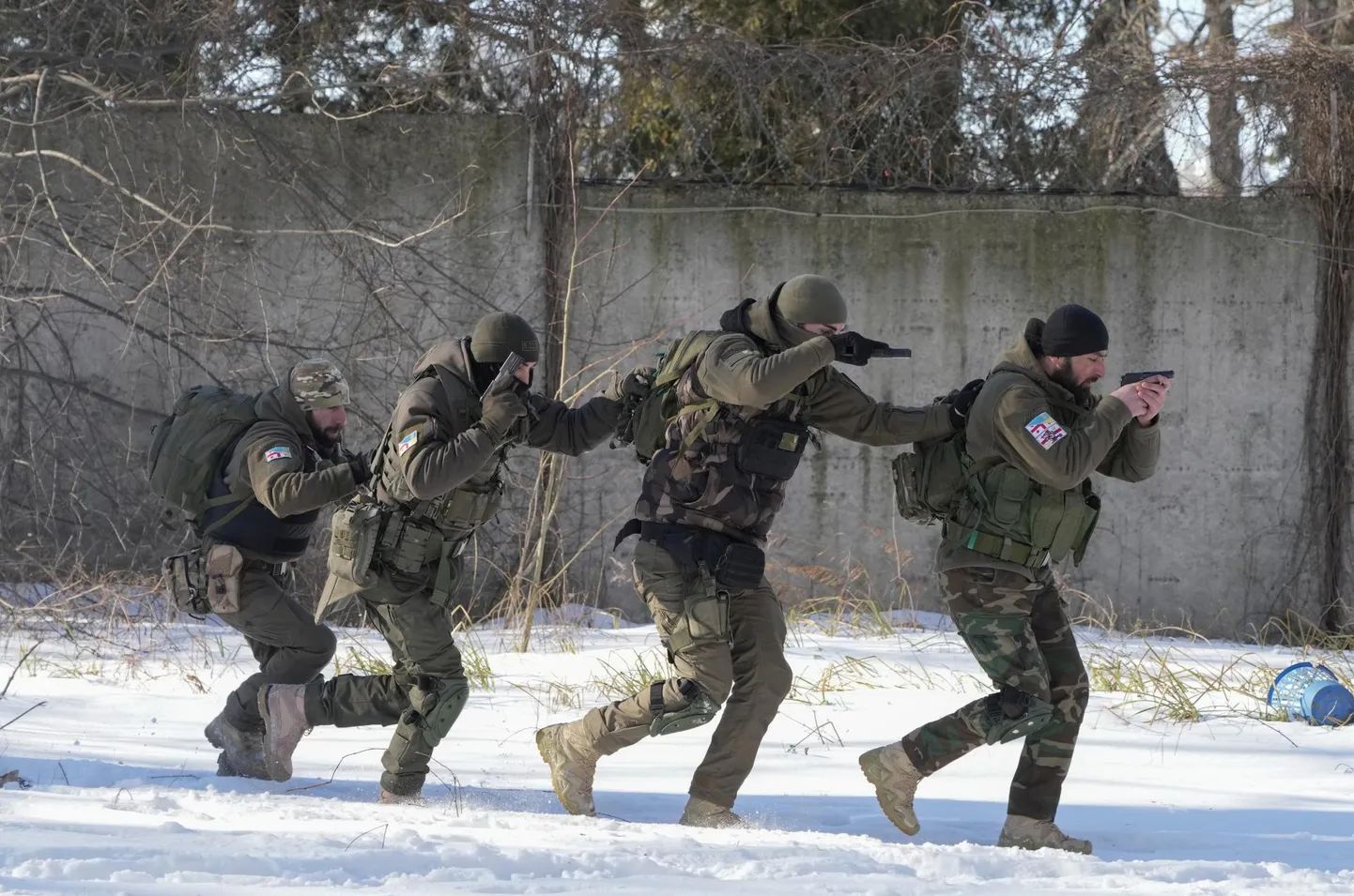 Ukraina tuntuimaid vabatahtlikest välismaalasi koondav sõjaväeüksusi on Gruusia Leegion, mille kodubaas asub Kiievis. Väeüksus koosneb valdavalt grusiinidest, aga hõlmab ka teisi rahvusi. Pildil üksuse harjutus enne sõda.