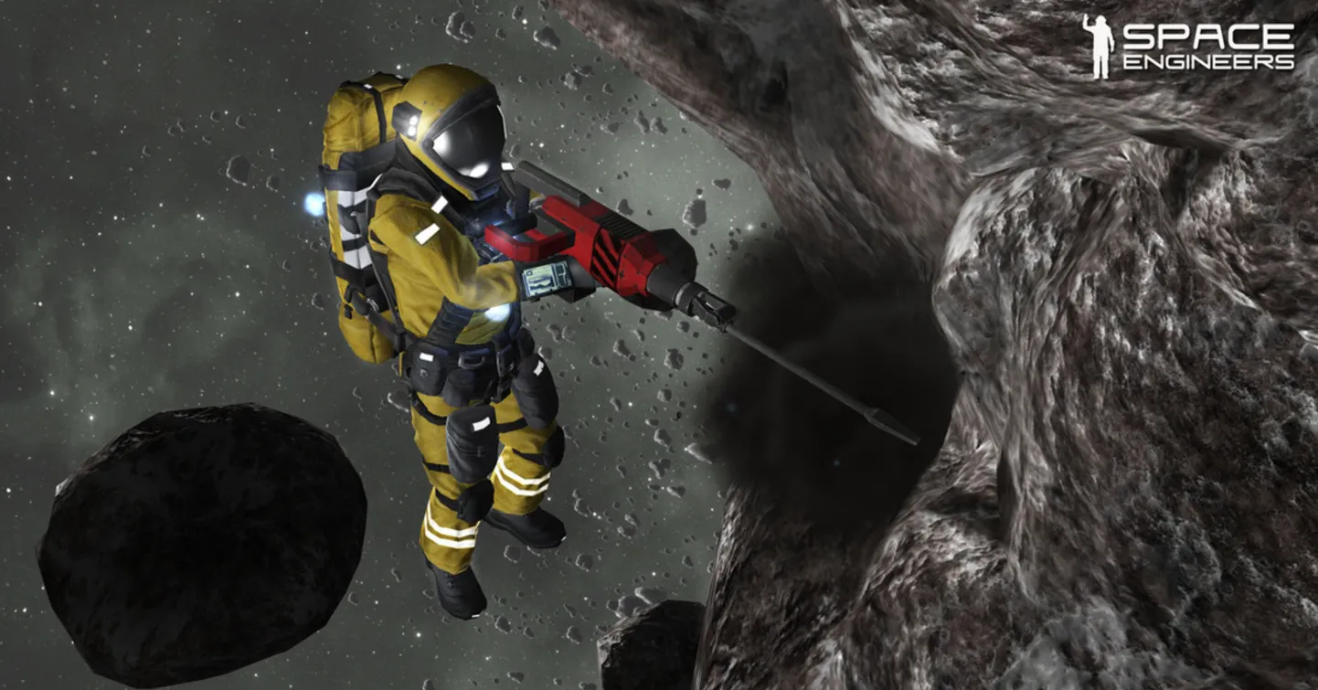 Kosmonaut kaevandab videomängus käsipuuriga asteroidi