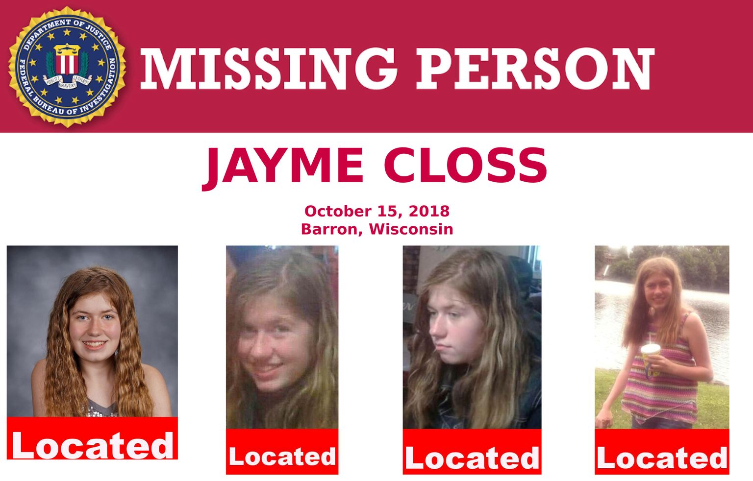 FBI kadunud inimeste lehekülg teatab, et 13-aastane Jayme Closs on leitud