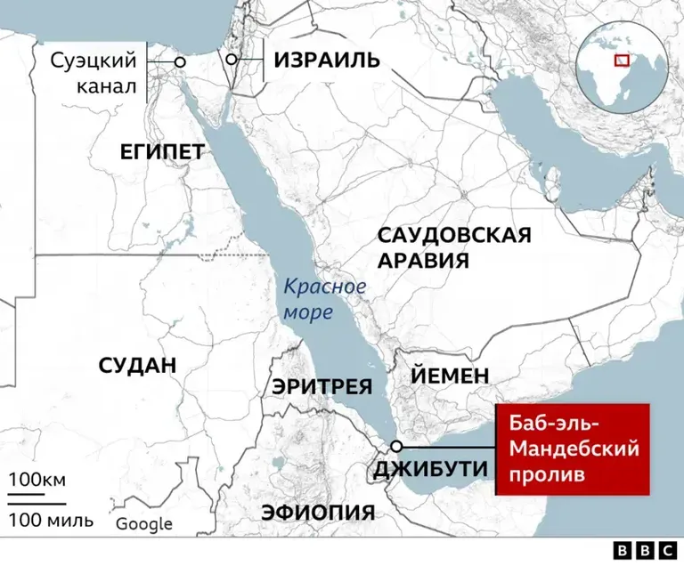 На карте отмечен Баб-эль-Мандебский пролив