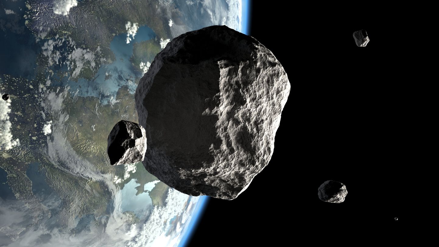 Arvutijoonistus, millel on kujutatud Maa lähedal liikuvaid asteroide