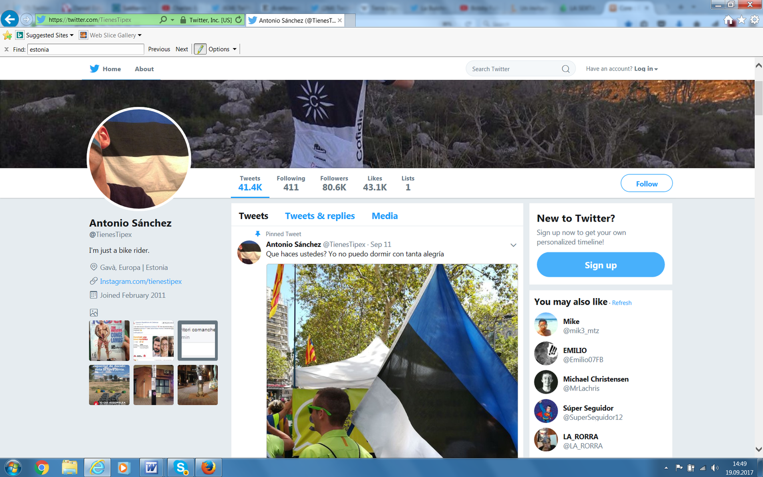 Twiteeri konto, mille omanik Antonio Sánchez end pikka aega end Eesti valitsuse esindajaks tituleeris.