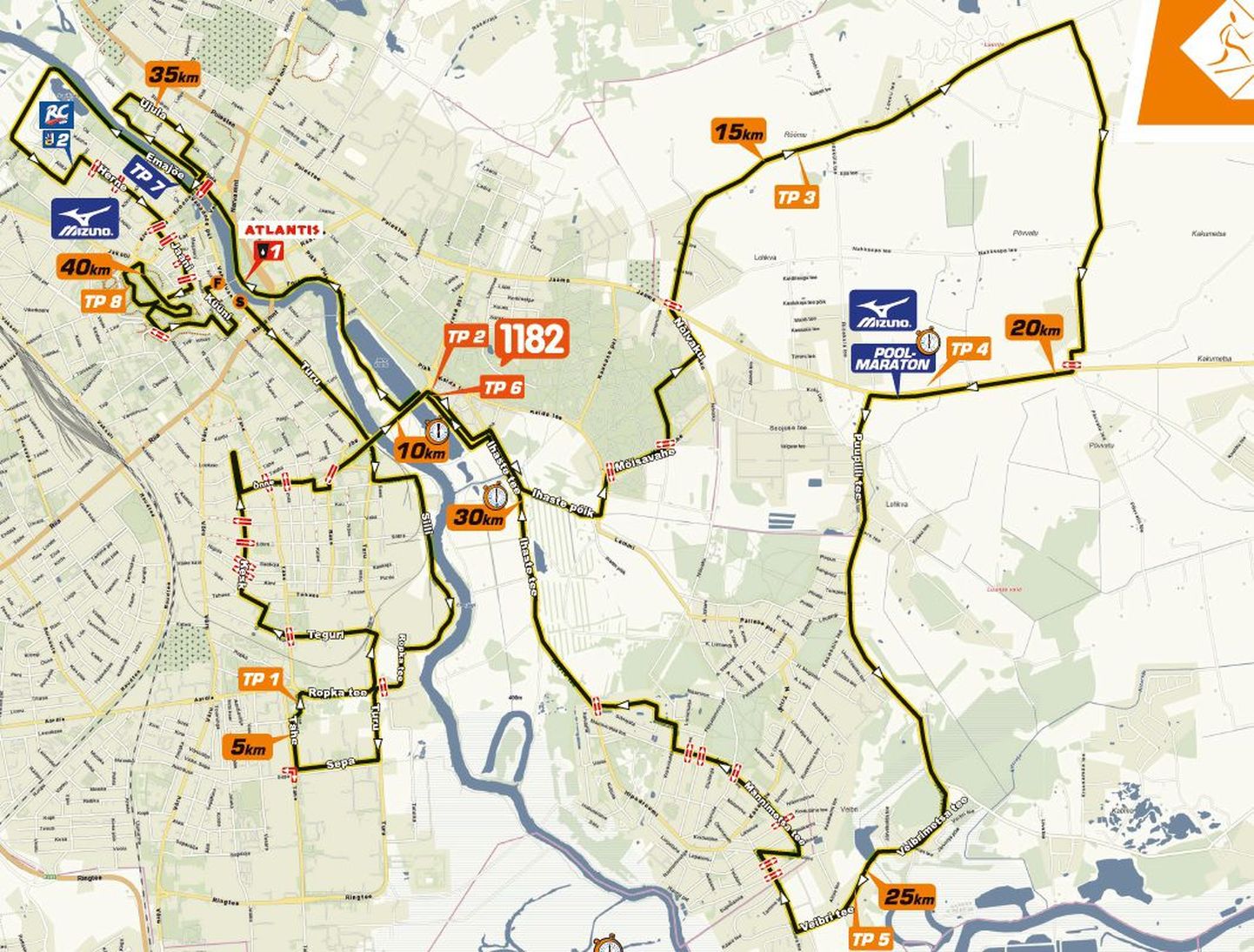 Liikluspiirangud Tartu linnamaratoni ürituste ajal. Täispika maratoni kaart.