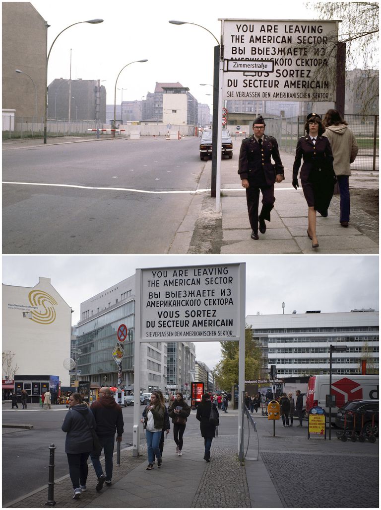 Augšējā attēlā: cilvēki pamet ASV kontrolēto Berlīnes sektoru 1978.gada aprīlī. Apakšējā attēlā: Cilvēki šajā pašā vietā 2019.gada 5.novembrī.