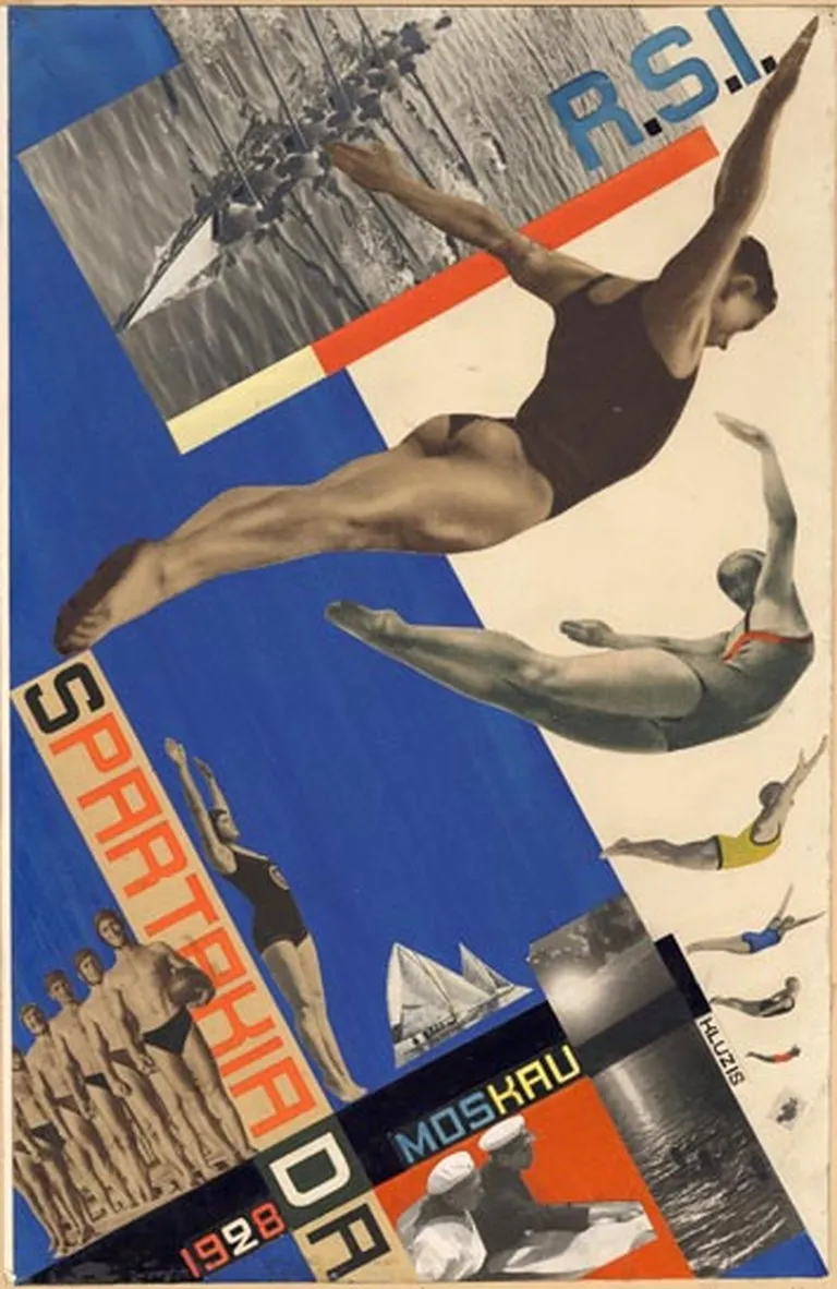 Gustavs Klucis. Dizains pastkartei „Peldēšana”. No pastkaršu sērijas „Fiziskā kultūra un sports”, veltītas Vissavienības spartakiādei Maskavā. 1928. Papīrs, krāsainu papīru aplikācija, fotomontāža, guaša. LNMM kolekcija
