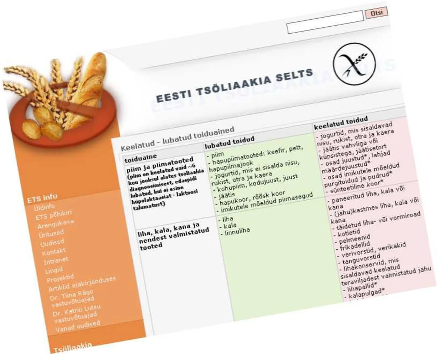 Fragment Eesti Tsöliaakia Seltsi veebilehelt.