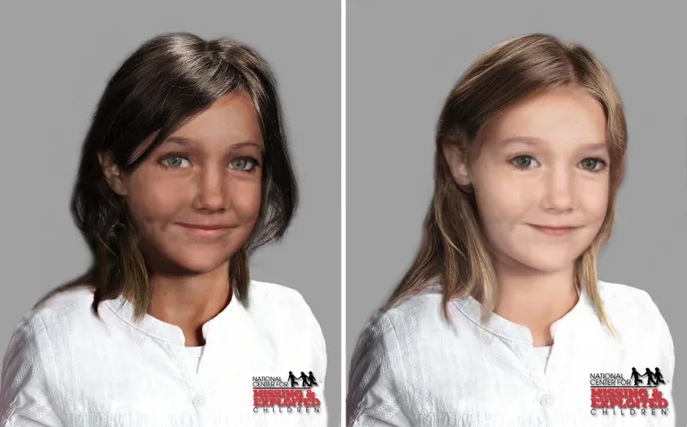 Madeleine McCann Briti politsei avaldatud arvutifotodel, millel teda on näha vanemana. Parempoolsel pildil on ta heleda nahaga, vasakpoolsel päevitununa ja tumedaks värvitud juustega