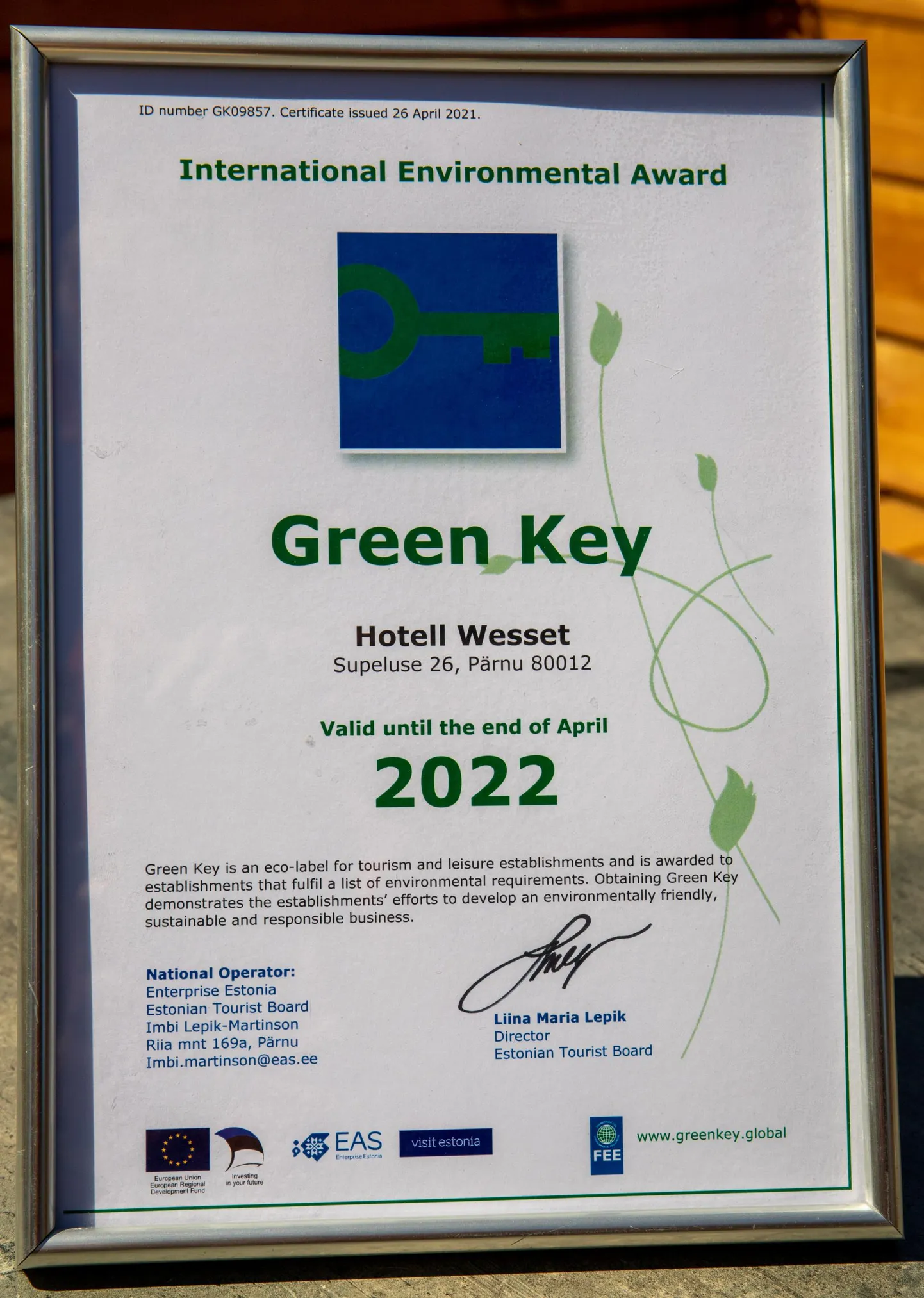 Green Key tarbijamärgis antakse ettevõttele looduslähedase ja kestliku tegutsemise eest.