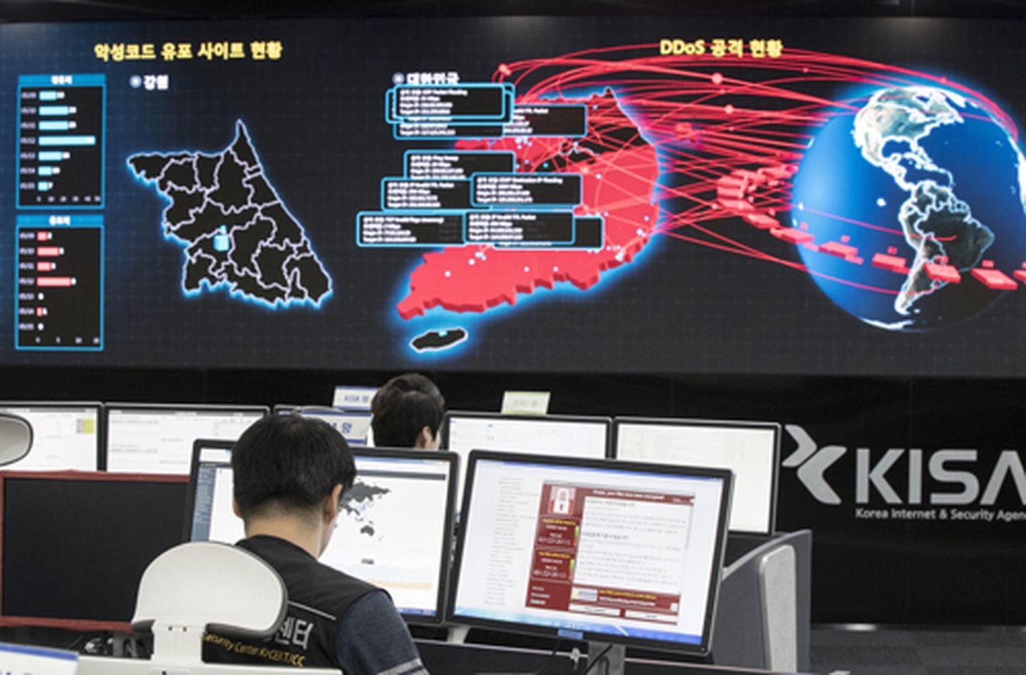 Lõuna-Korea Interneti ja Julgeolekuagentuuri töötajad jälgivad võimalikke pahavararünnakuid.