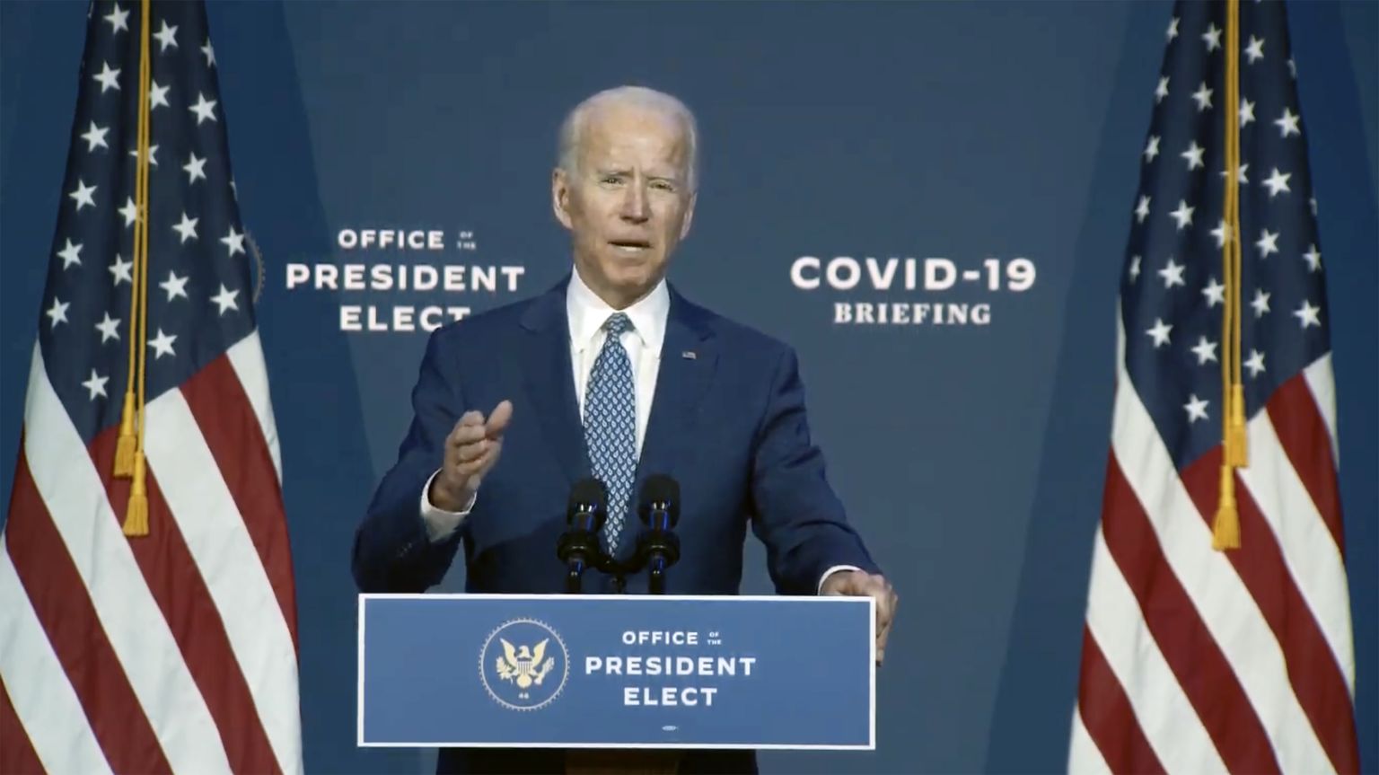 USA presidendivalimised võitnud demokraat Joe Biden esinemas 9. novembril 2020 Delaware'is Wilmingtonis, rääkides koroonaviirusega võitlemisest
