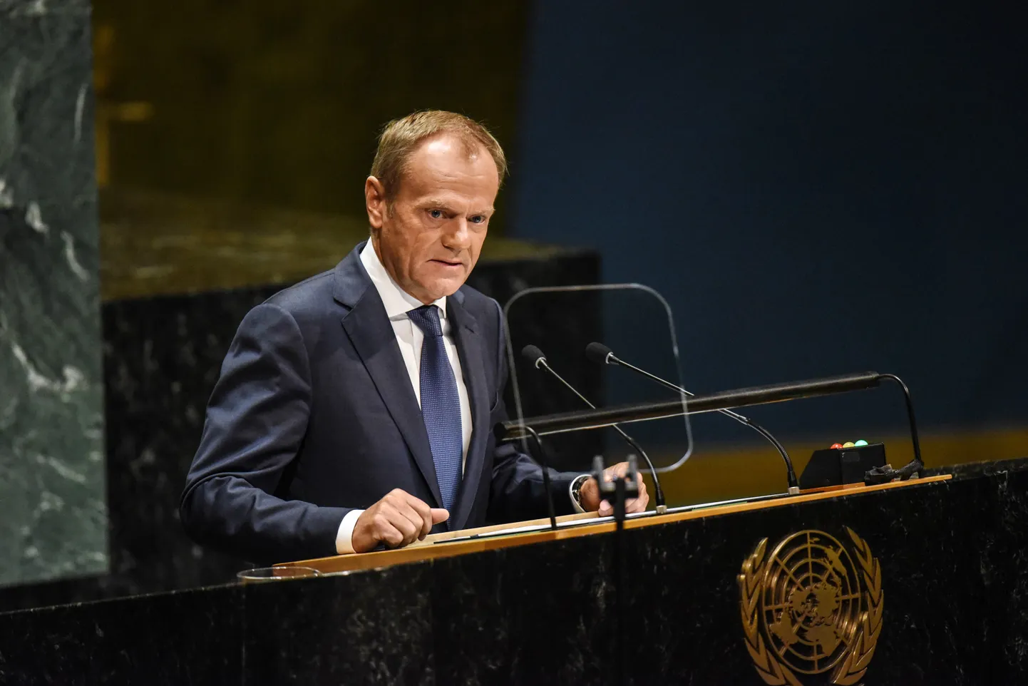 Euroopa Ülemkogu juht Donald Tusk ÜRO peaassambleel kõnet andmas.
