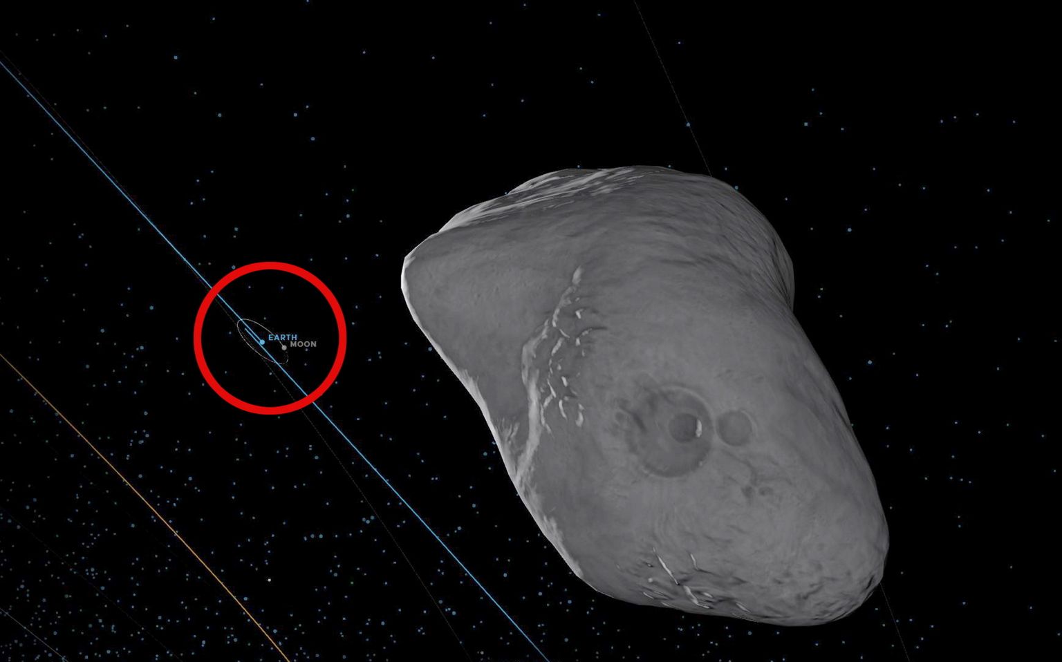 NASA visualiseering asteroidist 2023 DW koos Maa ja Kuuga. Teadlaste sõnul jõuab see asteroid veebruaris 2046 Maale väga lähedale. Praegustel andmetel on kokkupõrke tõenäosus 1: 600