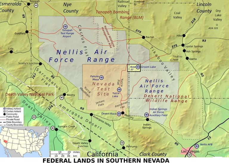 Nevada ala kaart, kus on näha Nellise õhujõudude baasi