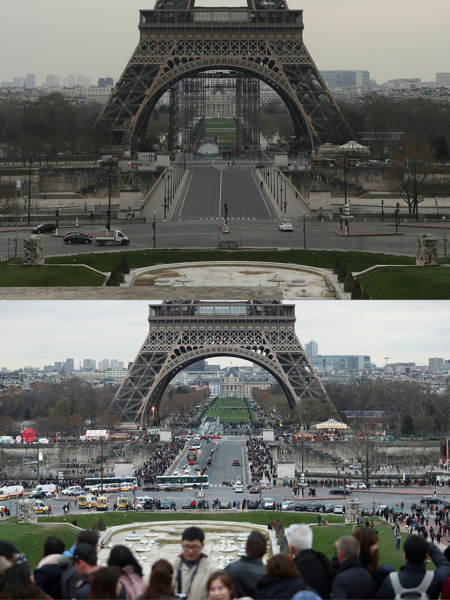 Pariis, Eiffeli torni ümbrus 17. märtsil 2020 (üleval) ja 31. detsembril 2018 (all).