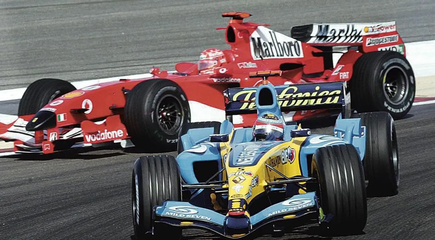 Otsekui sümboolne pilt tänavusest hooajast  Ferrari sõidab boksi, Renault juhib. Michael Schumacher katkestas, Fernando Alonso noppis teise võidu.