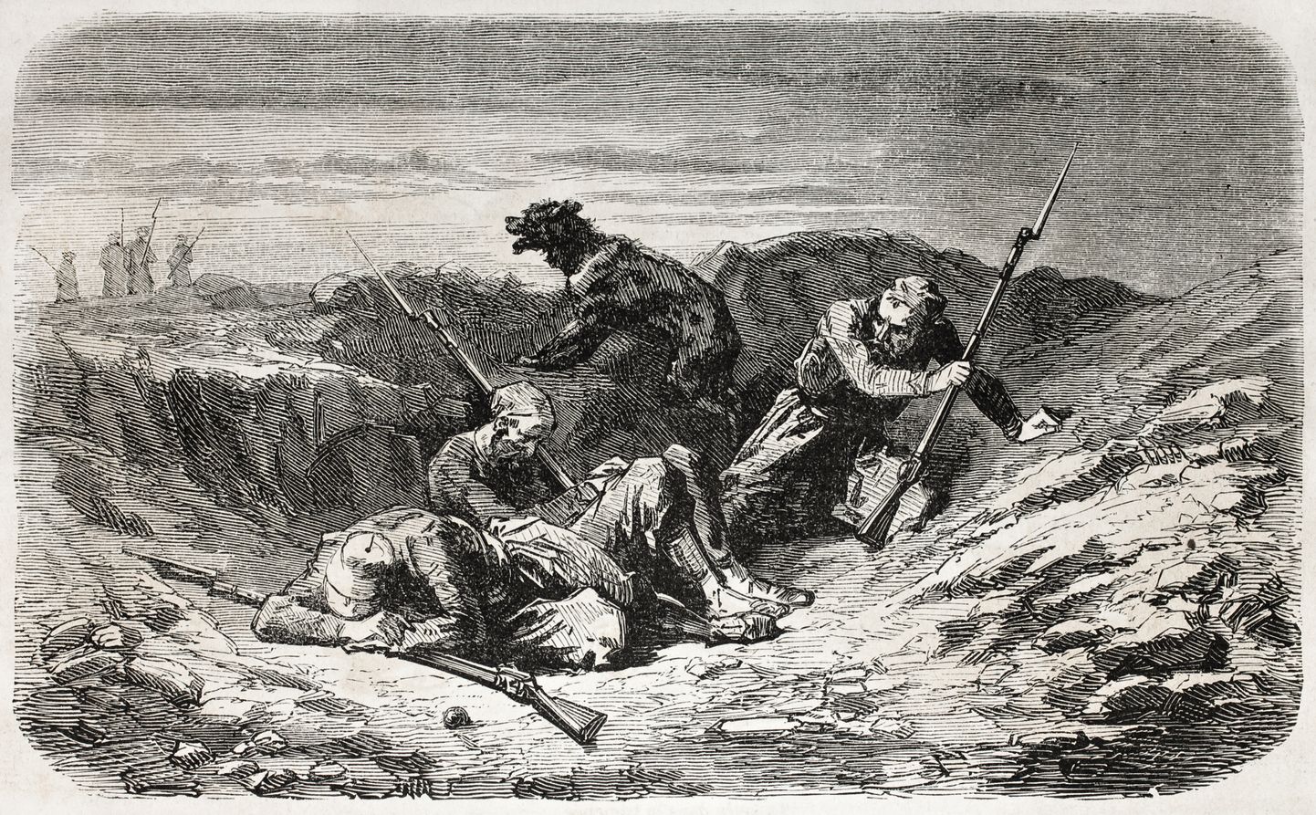 Illustratsioon sõduritest ja koerast kaevikus. Avaldatud Prantsuse ajakirjas "L'Illustration Journal Universel" 1857. aastal.