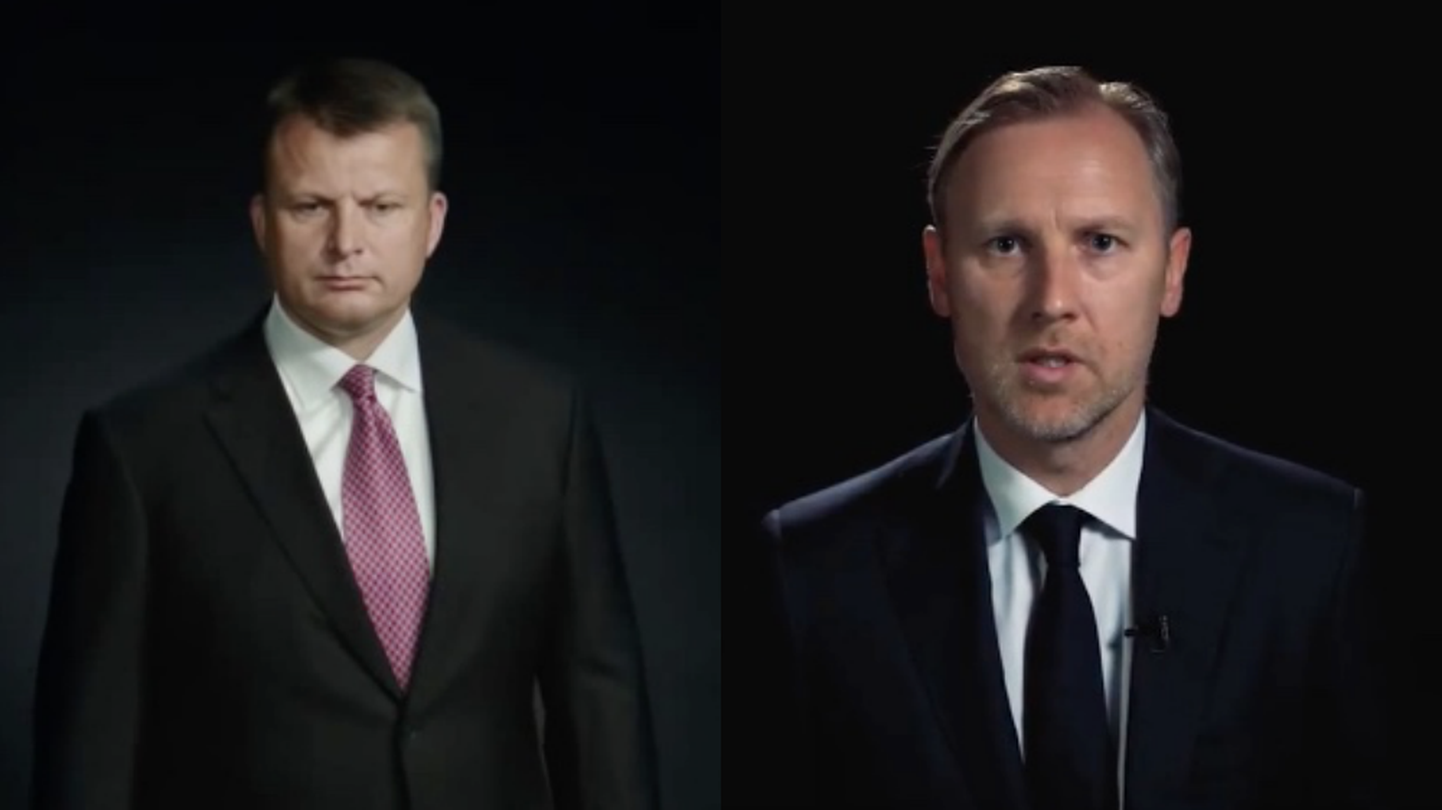 Скриншоты с видео предвыборной кампании с лидером Едины для Латвии Айнаром Шлесерсом (2014-ый год) и кандидатом на пост премьера от KPV LV Алдисом Гобземсом (2018-ый год).