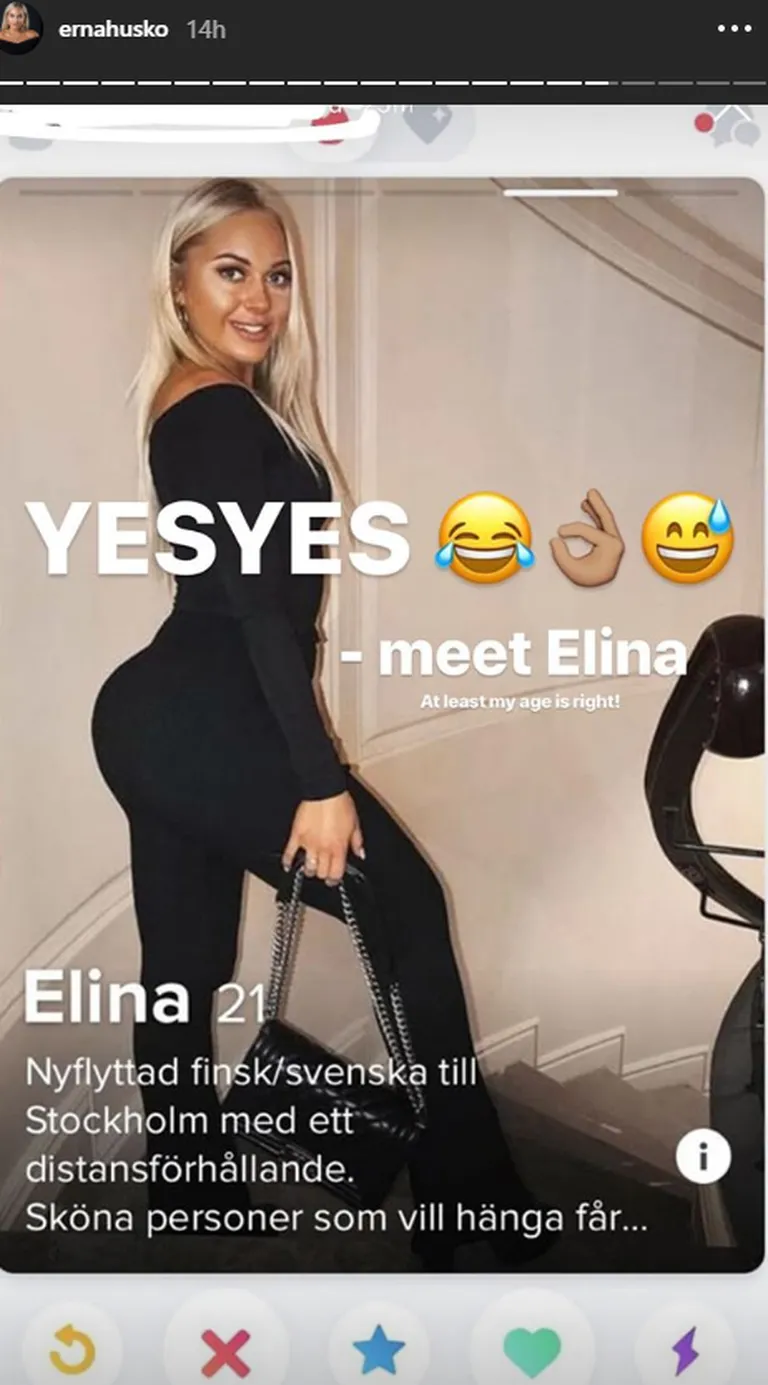 Kuvatõmmis Erna Husko Instagram Story'st: Tinderis kasutatakse fitnessmodelli pilti.